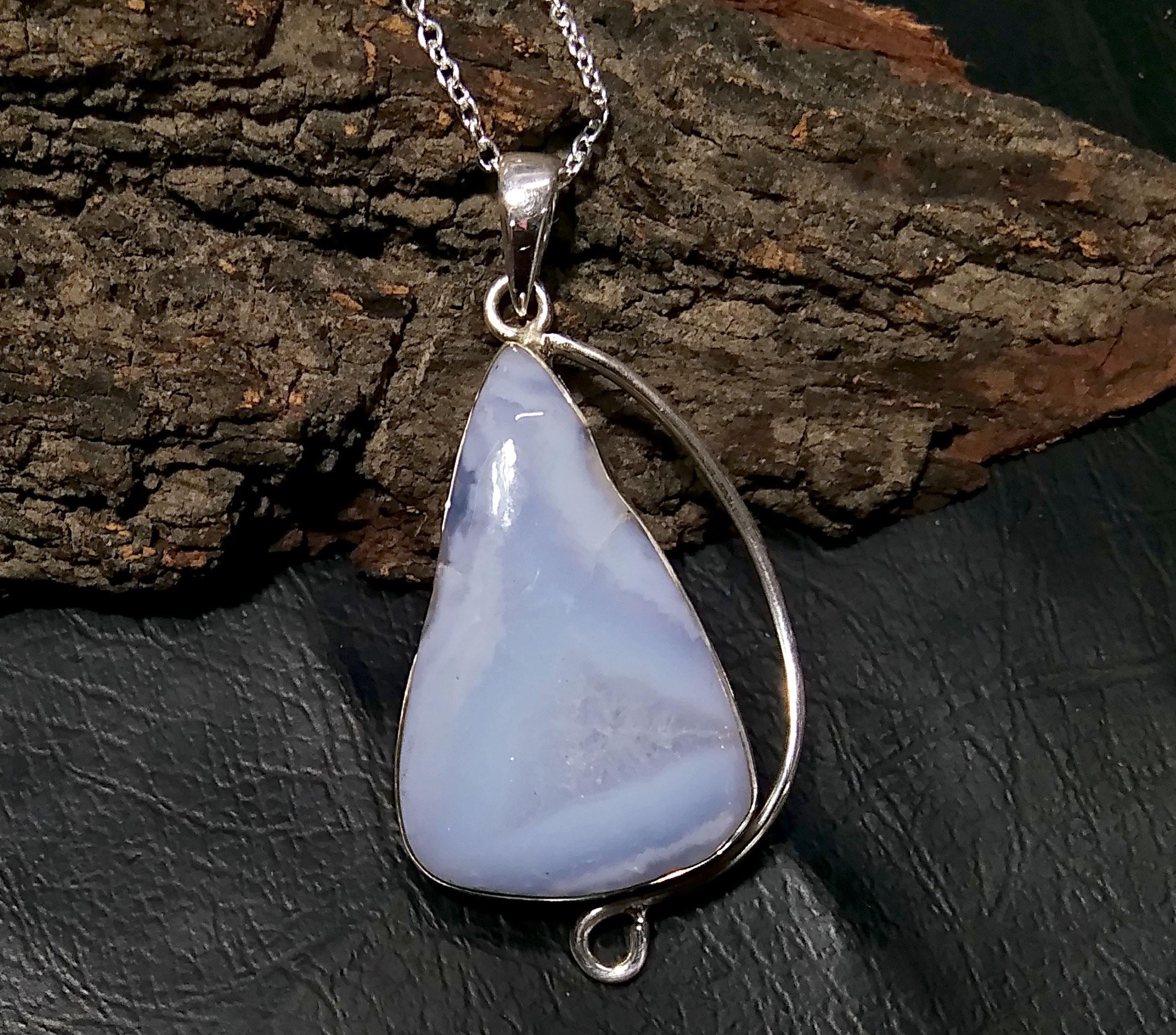 Natural Blue Lace Agate Gemstone Pendant Chain Necklace, 925 Sterling Silver Pendant, Silver Designer Handmade Pendant, Gift Birthday Stone